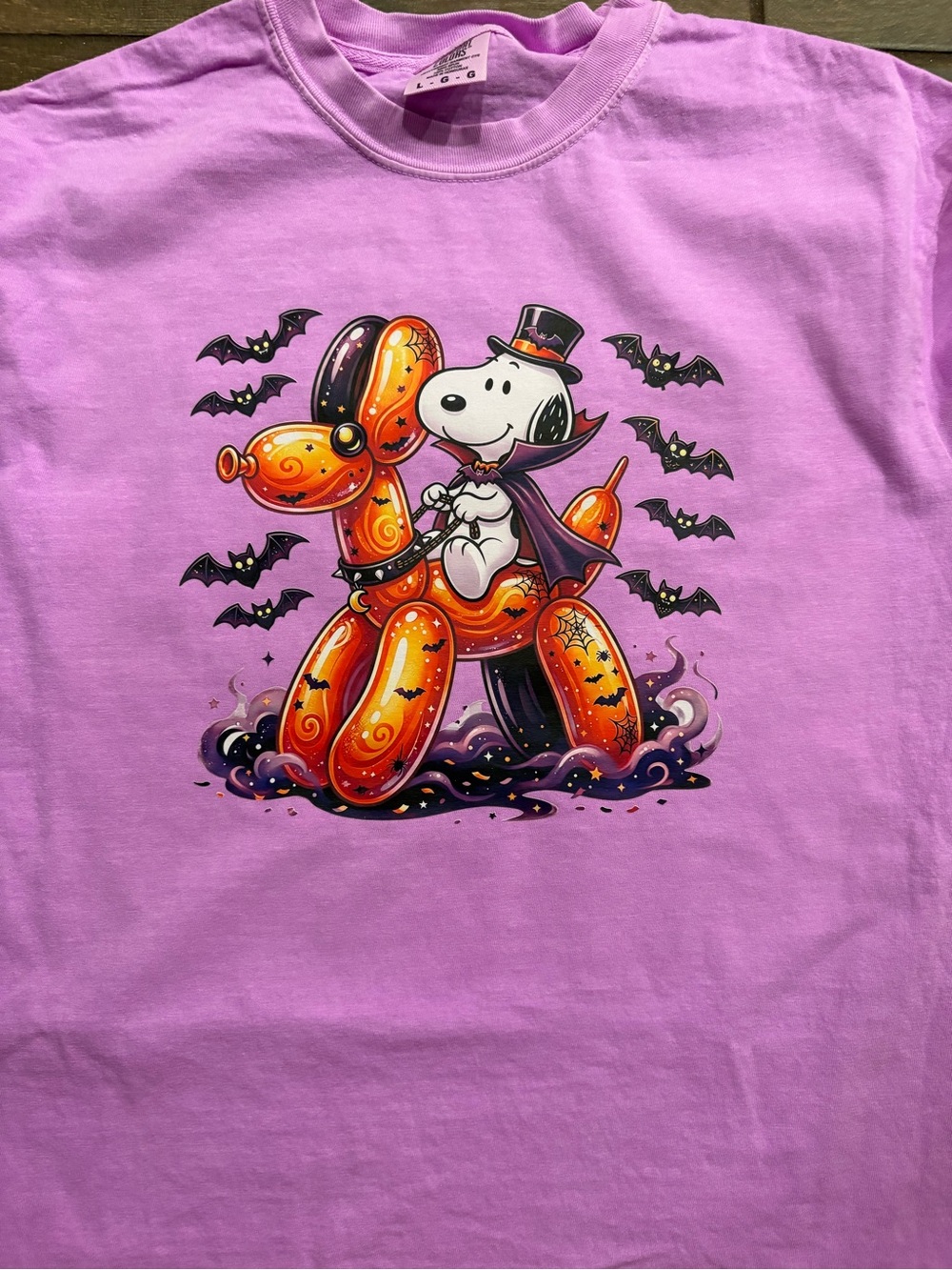 Peanuts Lilac Halloween Tee with Orange Balloon-Dog and Black Bats